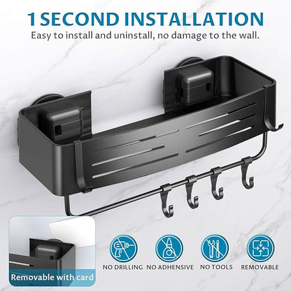 Onemake Suction Cup Shower Caddy, Suction Shower Shelf with Portable Hooks, Bath Organizer with Towel Bar for Bathroom Storage(Matte Black)