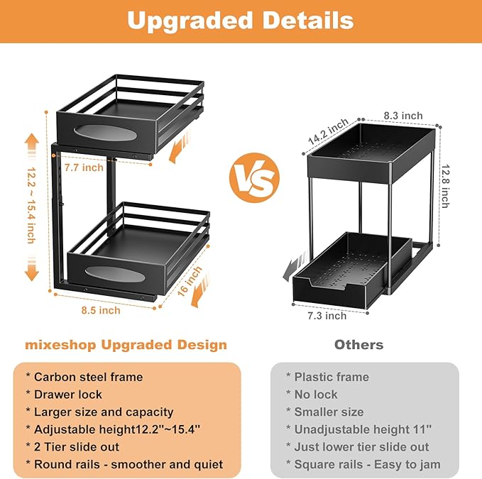 Under Sink Organizer, 2 Tier Under Sink Organizers and Storage, Adjustable Height, Slide out Metal Cabinet Organizers, Pull out Cabinet Storage Drawer Shelf for Kitchen Bathroom Black 1Pack