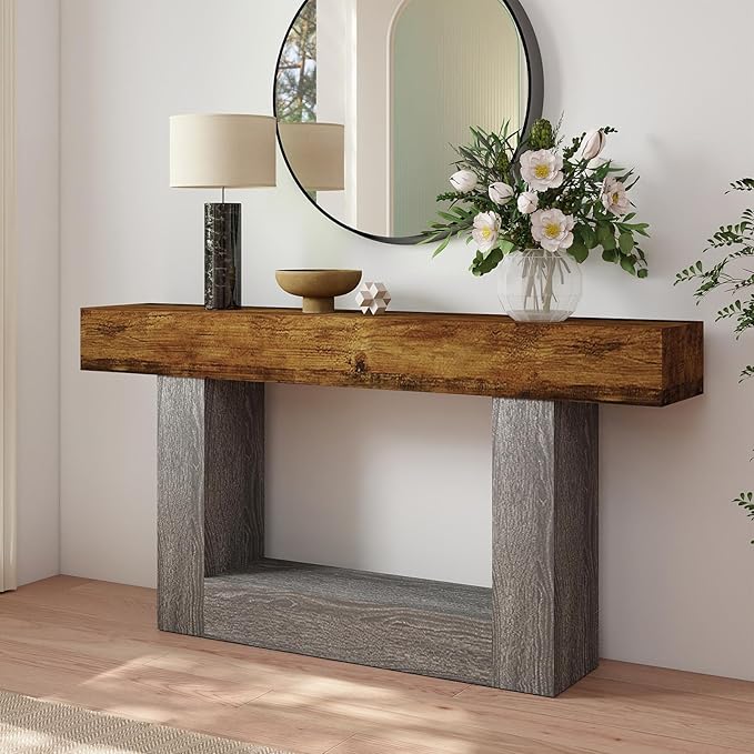 Spaco 63'' Long Console Table,2 Tier Farmhouse Entryway Table Sofa Table with Storage,Wood Behind Couch Table for Living Room, Hallway,Foyer (Rustic Brown w/Grey Leg)