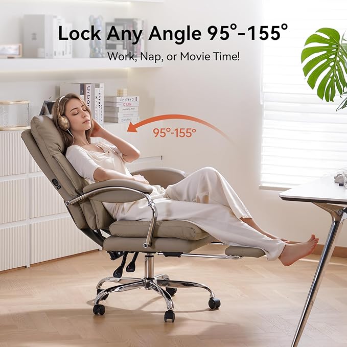LEAGOO Heated Massage Office Chair with Foot Rest, Reclining Ergonomic Executive Office Chair with Massager for Lower Back, High Back PU Leather Comfy Heated Computer Desk Chair with Wheels, Khaki