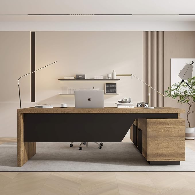 SAINTCY L-Shaped Executive Desk, Retractable Office Desk with Drawers, Large Wood Computer Desks for Boss, Bussiness Owners, Manangers and Supervisors, Adjustable Width (Left Return, 70.86" to 78.7")