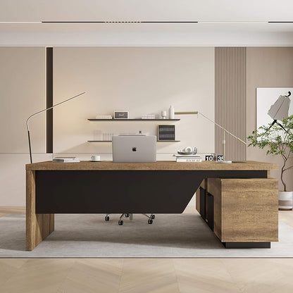 SAINTCY L-Shaped Executive Desk, Retractable Office Desk with Drawers, Large Wood Computer Desks for Boss, Bussiness Owners, Manangers and Supervisors, Adjustable Width (Left Return, 70.86" to 78.7")