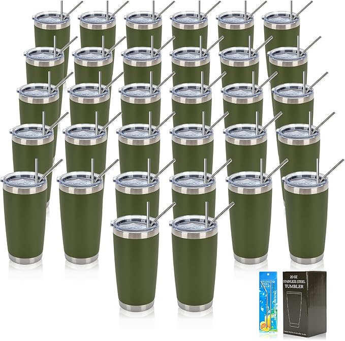 IEOVIEE 32 Pack, 20oz Stainless Steel Bulk Tumblers with Lids and Straws, Double Wall Insulated Travel Coffee Mug, Durable Powder Coated Tumbler Bulk Cup for Cold and Hot Drinks(Army Green)
