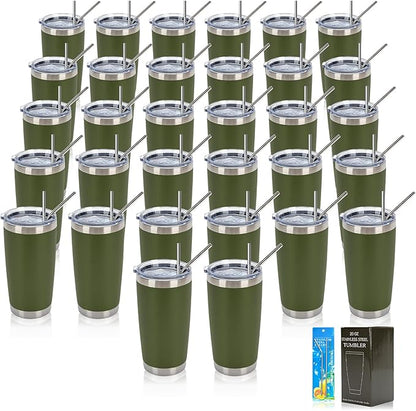 IEOVIEE 32 Pack, 20oz Stainless Steel Bulk Tumblers with Lids and Straws, Double Wall Insulated Travel Coffee Mug, Durable Powder Coated Tumbler Bulk Cup for Cold and Hot Drinks(Army Green)