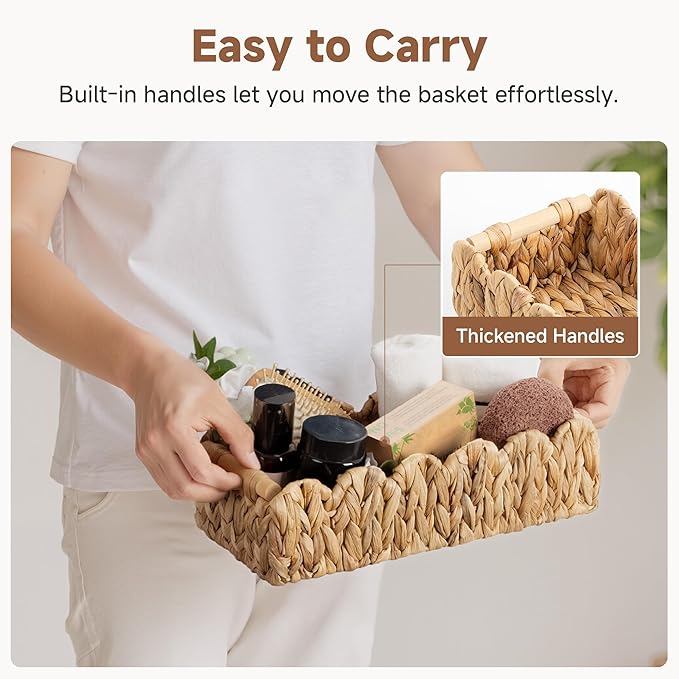 StorageWorks Toilet Paper Storage Basket, Living Room Organizers and Storage, Toilet Paper Basket with Wooden Handles, Small Water Hyacinth Scalloped Basket, Natural