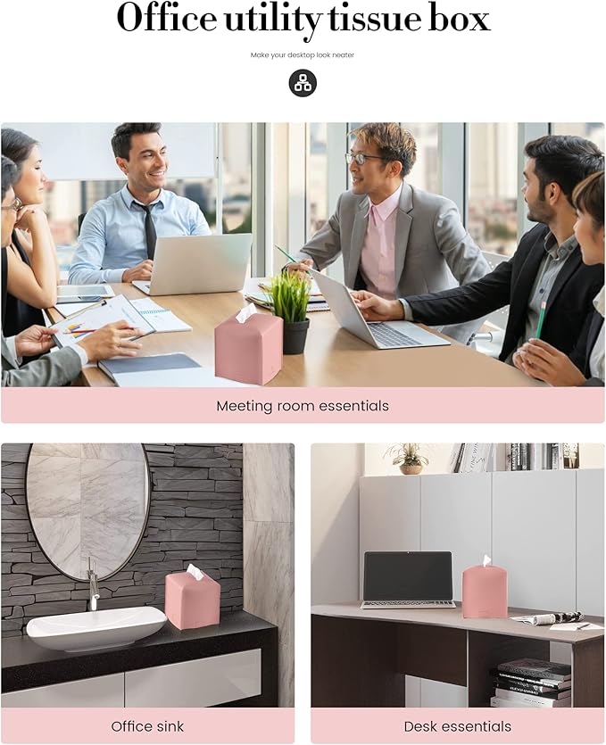 Tissue Box Cover, Jeethemy Square PU Leather Tissue Box Holder, Modern Tissue Case Facial Paper Organizer Dispenser，5X5X5'',Double Pink