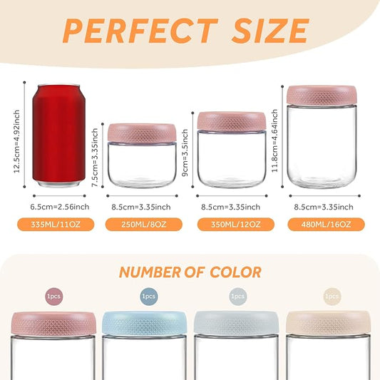 16 oz/480 ml Glass Storage Canister with Airtight Lid, 4 Pack Clear Overnight Oats Containers, Cute Decorative Mason Salad Jar for Snacks, Yogurt, Cereal, Fruit, Spice, Sugar, Coffee, Tea