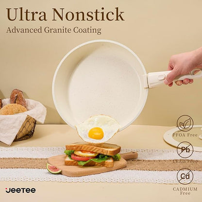 JEETEE Pots and Pans Set Non Stick 17pcs, Kitchen Cookware Sets with Detachable Handle, Induction Nonstick Cookware Set with Removable Handle, Stackable RV Cookware, Oven Safe, PFAS/PFOA Free, Beige