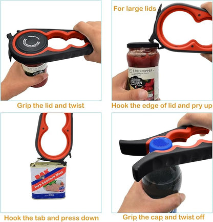 Otstar Jar Opener for Weak Hands，5 in 1 Bottle Opener for Seniors with Arthritis - Multifunctional Lid Remover Set, Includes Non-slip Rubber Jar Gripper Pad, Wine Opener (Black and Red)