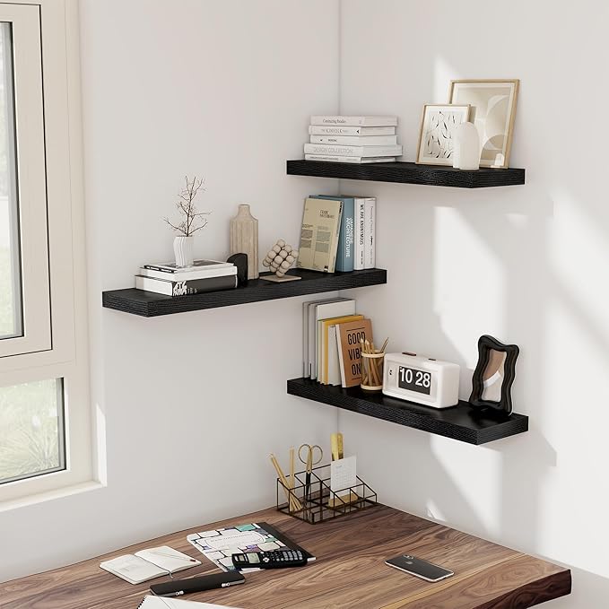 Fun Memories 36 Inch Floating Shelves, Wall Shelves Set of 2 for Bathroom/Living Room/Bedroom/Kitchen, Black Floating Shelf for Wall Decor with Invisible Brackets