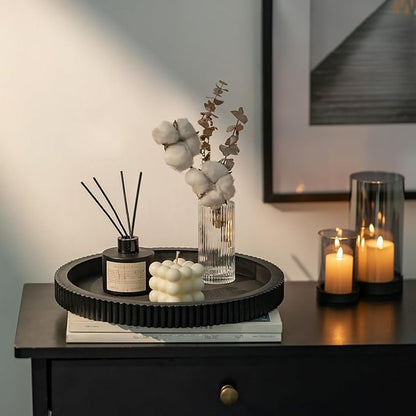 Hanobe Decorative Tray for Coffee Table: 12" Black Round Centerpiece Tray for Home Decor - Wood Modern Farmhouse Decor for Living Dining Room Kitchen Island Tabletop