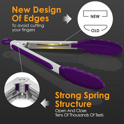 HOTEC Premium Stainless Steel Locking Kitchen Tongs with Silicon Tips, Set of 2-9" and 12" (Purple)