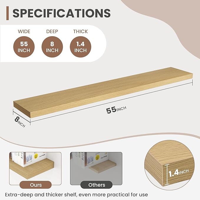 Acovy 55 Inch Floating Shelves, 8 Inch Deep Floating Shelves for Wall, Hanging Shelf with Invisible Brackets, Deep Shelves for Bathroom, Bedroom, Living Room, Oak, Set of 1