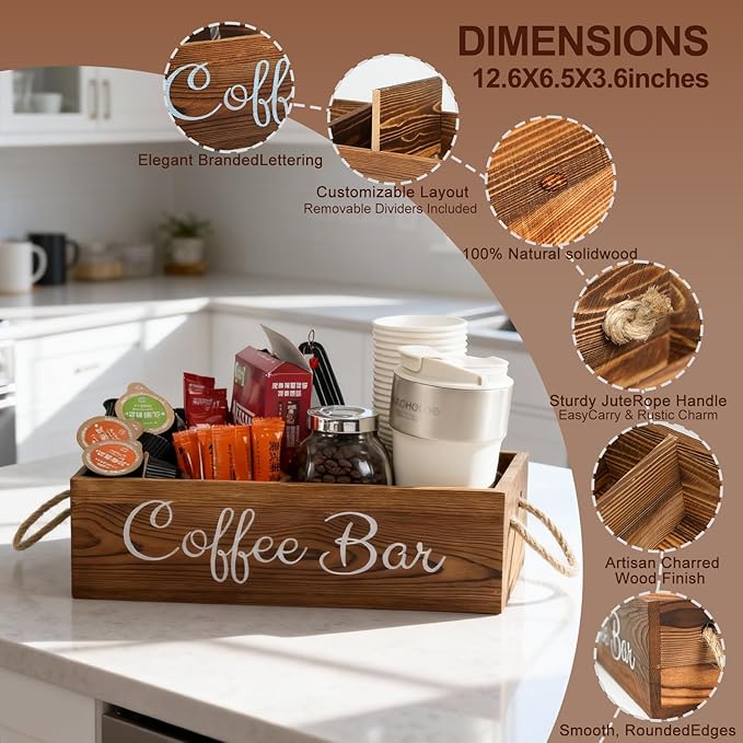 QUALLON Coffee Station Organizer with Small Removable Dividers, Wooden Coffee Bar Accessories Storage For Countertop, Farmhouse Kcup Coffee Pod Holder Basket With Handle For Coffee Lover