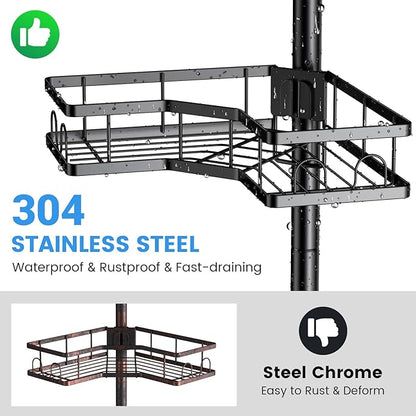 Corner Shower Caddy Tension Pole: 4-Tier Adjustable Rustproof Bathroom Organizer Shelves - No-Drill Bathtub Shampoo Rack Standing Shower Caddy for Renters, Apartment & Family Bathroom 31-124 inch