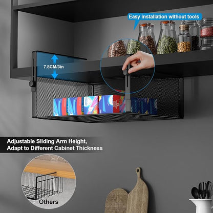 AmonHouseware 2Pack Under Shelf Basket Organizer,Adjustable Hanging Holder for Cabinet Pantry Kitchen Cupboard Desk Counter Bookshelf Organization Add-on Space Saver Heavy Duty Slide-in (Black, Large)