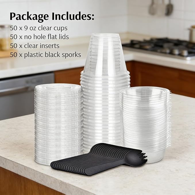 Zezzxu 50 Pack 9 oz Disposable Parfait Cups with Lids No Hole, Toppings Compartment and Spork, Yogurt Conatiner with Granola Holder for Take Away Breakfast and Snacks, No Leaking