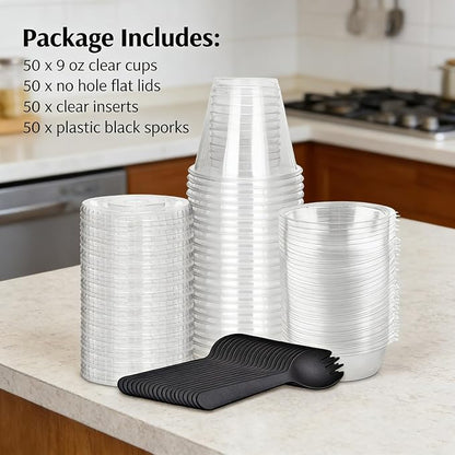 Zezzxu 50 Pack 9 oz Disposable Parfait Cups with Lids No Hole, Toppings Compartment and Spork, Yogurt Conatiner with Granola Holder for Take Away Breakfast and Snacks, No Leaking