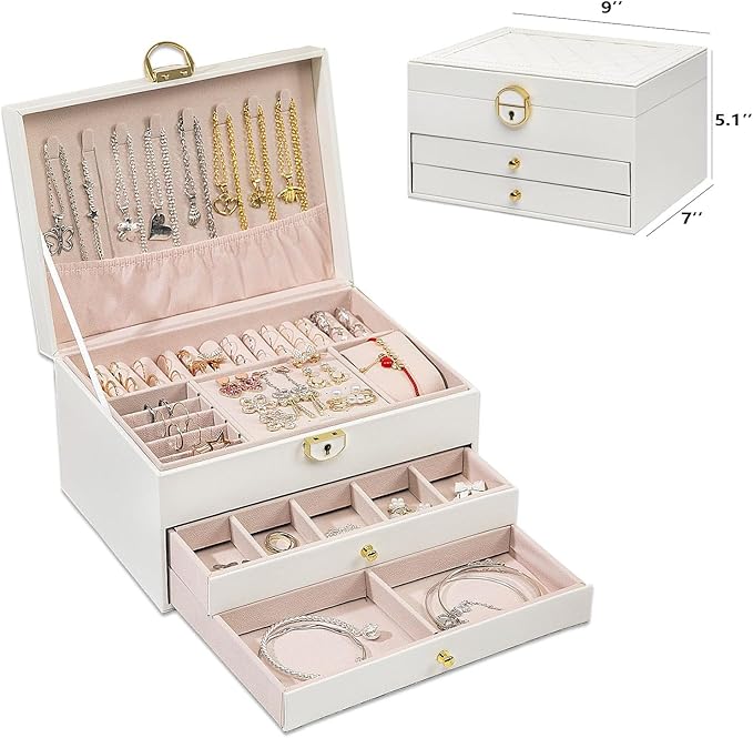 GUOER Jewelry Box for Women Girl Wife 3 Layers Large PU Leather Jewelry Organizer Storage Case with Two drawers Display for Earrings Bracelets Rings Watches (White)