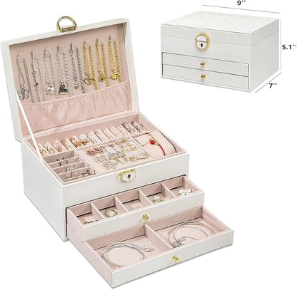 GUOER Jewelry Box for Women Girl Wife 3 Layers Large PU Leather Jewelry Organizer Storage Case with Two drawers Display for Earrings Bracelets Rings Watches (White)