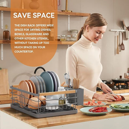 BRIAN & DANY Dish Drying Rack, Dish Racks for Kitchen Counter, Stainless Steel Dish Drainer with Removable Cutlery Holder & Drainboard, Grey