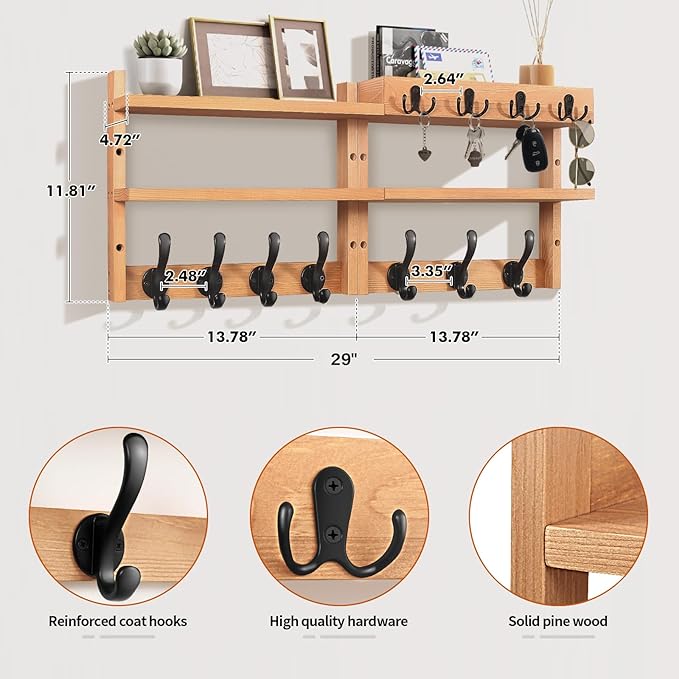 29" Coat Rack Wall Mount with Shelf, Pine Two-Tier Wall Shelf Mounted Coat and Key Hanger with 7 Heavy Duty Hooks 4 Key Hooks, Entryway Key Holder with Mail Holder for Bedroom,Living Room (Wood)