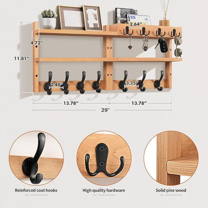 29" Coat Rack Wall Mount with Shelf, Pine Two-Tier Wall Shelf Mounted Coat and Key Hanger with 7 Heavy Duty Hooks 4 Key Hooks, Entryway Key Holder with Mail Holder for Bedroom,Living Room (Wood)