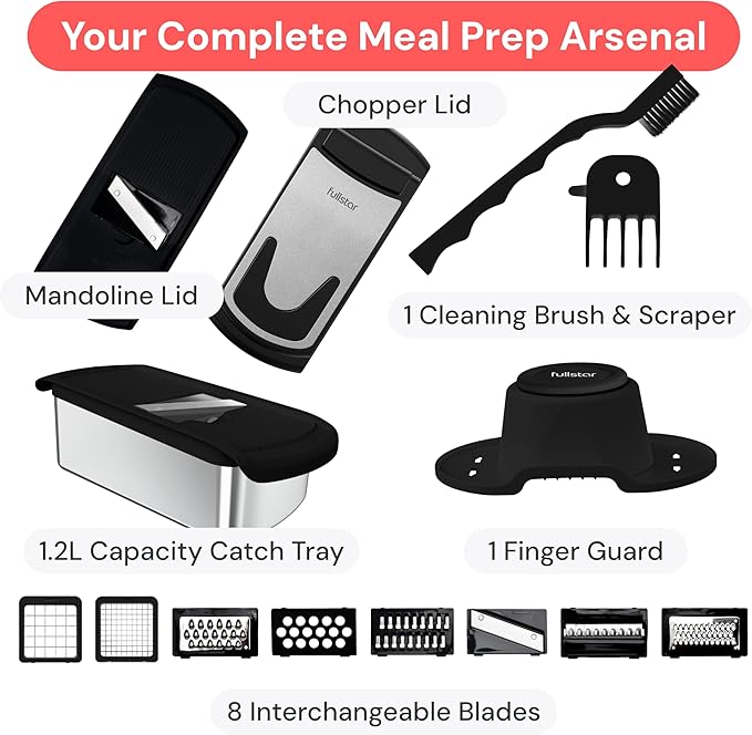 Fullstar Premium Vegetable Chopper and Mandoline Slicer - Food Chopper and Spiralizer with Container, Julienne Slicer, Fruit Slicer, Veggie Cutter, Kitchen Gadgets & Gift for Mom (14 in 1, Steel)