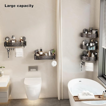 VOLPONE Corner Shower Caddy Suction Cup Shower Shelf Corner No Drilling Bathroom Shower Organizer Storage Rack Adhesive triangle with towel bar hooks 3 tier gray