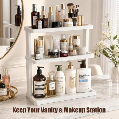 PEKER Bamboo Bathroom Organizer Countertop – Vanity Storage Shelf for Makeup, Perfume, Skincare – Natural Cosmetics Display Rack for Dresser, Sink, Kitchen – White