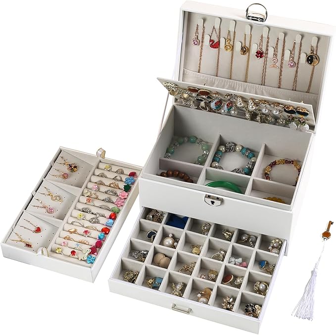 BOOVO Earring Jewelry Box For Women Girl Stud Organizer, 5 Layers Girl Jewelry Organizer Box With Lock Earring Holder Organizer Necklace Ring Jewelry Organizer Box For Girls (White, 5 layer)