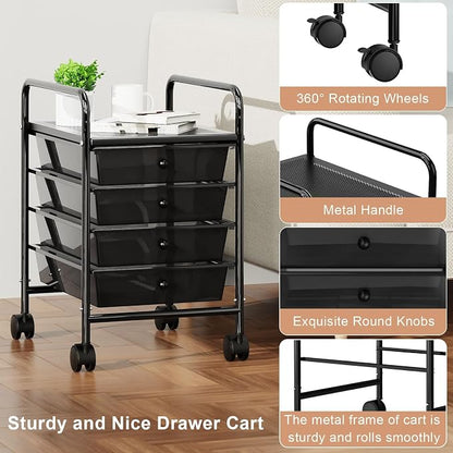 4-Tier Utility Cart with 4 Drawers, Rolling Utility Cart with 2 Lockable Caster Wheels, Multipurpose Mobile Rolling Drawer Cart for Office Bathroom Kitchen, Transparent Black
