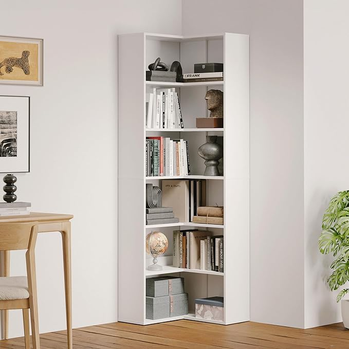 MXV 71.5" Tall L-Shaped Corner Bookshelf, 6-Tier 23.6" Wide Wooden Bookcase with Storage Organizer, Display Shelf for Home, Office, Living Room (23.6")
