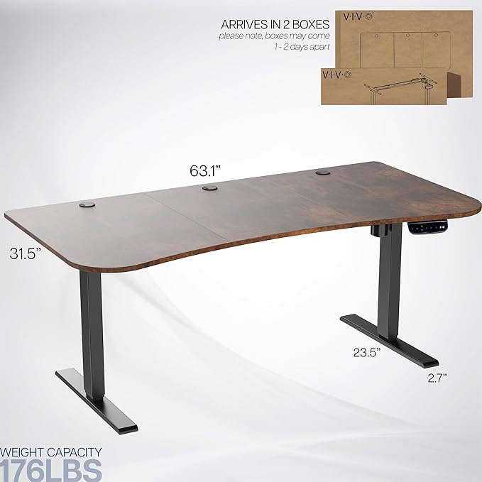 VIVO Electric 63 x 32 in Standing Desk, Touch Screen Adjustment, 220 lb Frame Support, 2E Series, Rustic Vintage Brown Top Black Frame, DESK-KIT-2EBN