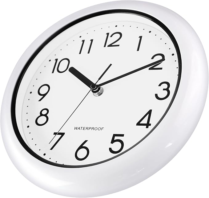 Caysie 10 Inch Sealed Indoor Outdoor Clock Waterproof, Silent Battery Operated Weatherproof Wall Clocks for Pool Patio Outside Home (White)