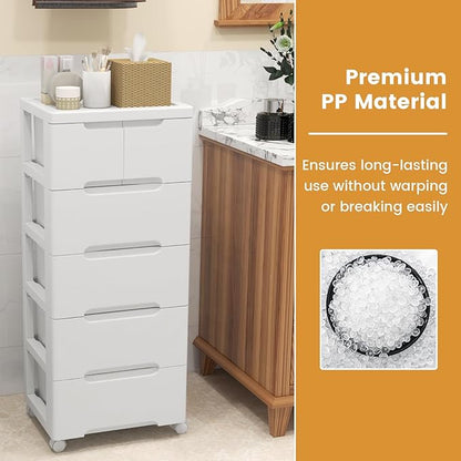 LOKO 6-Drawer Plastic Rolling Storage Cart, Mobile Storage Cabinet with 4 Universal Wheels, Vertical Storage Tower Container Unit for Living Room, Bedroom, Home Office, White (16”x13”x38” (6 Drawers))