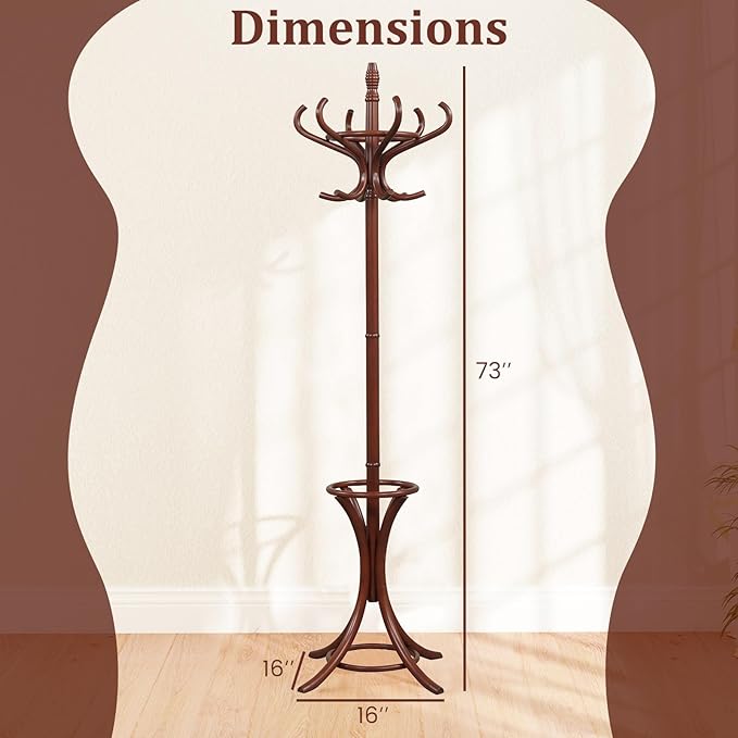 Tangkula Coat Rack with Umbrella Holder, 73 Inch Freestanding Coat Hanger Stand with 12 Hooks, Wooden Entryway Coat Tree for Clothes, Bags, Hats, Scarves, Living Room, Bedroom, Hallway (Reddish Brown)