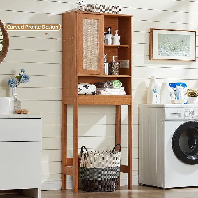 LEYAOYAO Over The Toilet Storage Cabinet with Rattan Sliding Door, 68" Tall Wood Above Toilet Bathroom Organizer w/Adjustable Shelf & Curved Profile, Space Saver Freestanding Washer Shelf