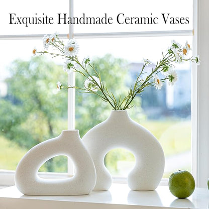 COTYNI White Ceramic Vase Set of 2 for Modern Home Decor, Round Matte Donut Vases for Pampas Grass, Boho Nordic Minimalism Style Modern Flower Vases for Living Room Table Bookshelf Office Bedroom