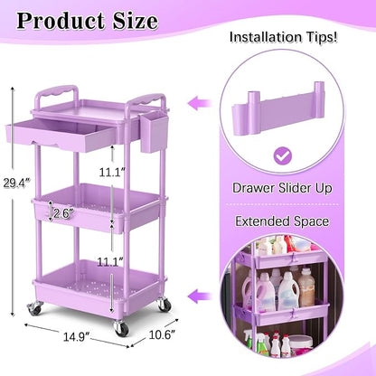 SUNALLY 3 Tier Rolling Cart Organizer with Drawer, Bathroom Storage Carts with Wheels & Plastic Shelf, Mobile Storage Organizers for Kitchen, Office, Laundry Room, Baby, Snack, Craft, Makeup, Purple