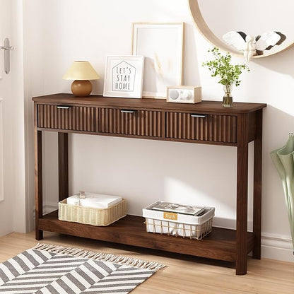 Fluted Console Table with Drawers, Modern 47.1" Entryway Table with Storage Shelf, Boho Narrow Skinny Behind Couch Wood Sofa Table for Living Room Hallway Entrance Foyer,Walnut