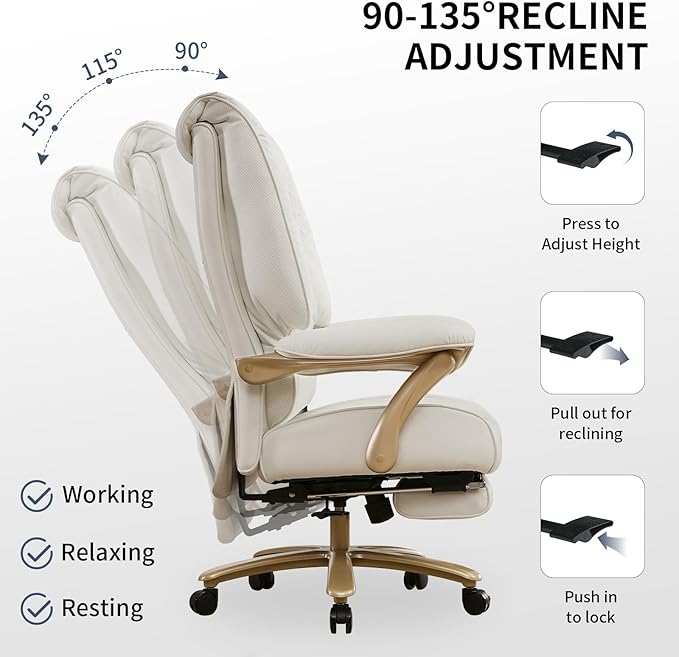 Big and Tall Executive Office Chair with Footrest, 400LBS Capacity Ergonomic High-Back Desk Office Chair with Lumbar Support, Padded Armrests & Thick Cushion, White PU Leather Chairs