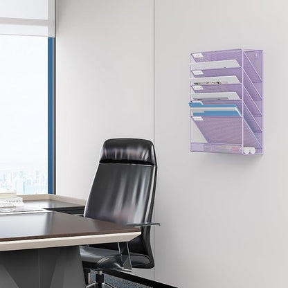 EasyPAG 5 Tier Wall File Holder, Mesh Hanging Folder Organizer with Classify Label, Versatile Desk File Holder, Vertical Wall Mounted Mail Organizer for Office Home Cubicle, Purple