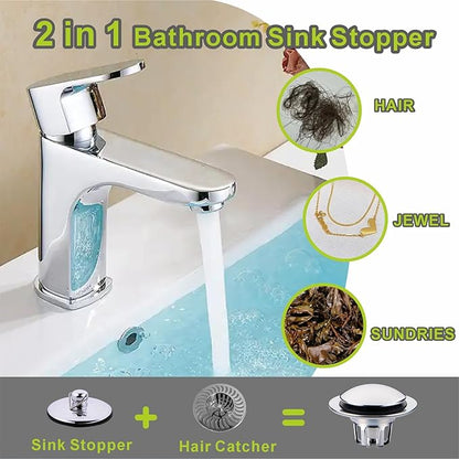 2 Pack Chrome Sink Drain Stopper,Glimflorus Universal 2-in-1 Pop Up Bathroom Sink Stopper with Hair Catcher and Strainer for 1 1/8"-1 1/2" Drain Holes