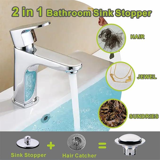 Chrome Bathroom Sink Drain Stopper,Pop Up Sink Drain Stopper Universal 2-in-1 Design with Hair Catcher, Glimflorus Bathroom Sink Stopper and Anti-Clog Strainer for 1 1/8"-1 1/2" Drain Holes