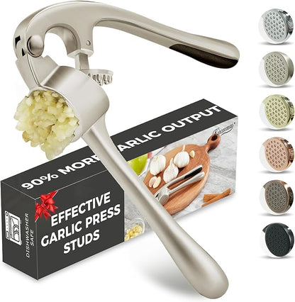 Kitessensu High Effective Garlic Press With Studs, Heavy Duty Garlic Mincer, Easy to Squeeze and Clean, Rust Proof, Ginger Crusher- Imperial Silver