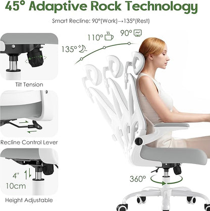 Office Chair Ergonomic Desk Chair - Mesh High Back Office Chair with Headrest Wheels Lumbar Support Home Desk Office Chairs Flip up Armrest Executive Rolling Swivel Task Computer Chair White