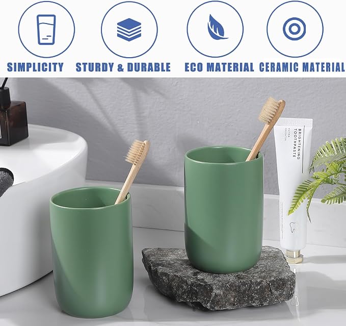 Toothbrush Holders for Bathrooms - 2 Cups Ceramic Toothbrush Toothpaste Holders Set, Green Bathroom Tumbler Cups Reusable Toothbrush Mouthwash Cup, Bathroom Counter Organizer.