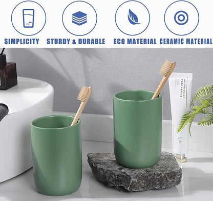 Toothbrush Holders for Bathrooms - 2 Cups Ceramic Toothbrush Toothpaste Holders Set, Green Bathroom Tumbler Cups Reusable Toothbrush Mouthwash Cup, Bathroom Counter Organizer.