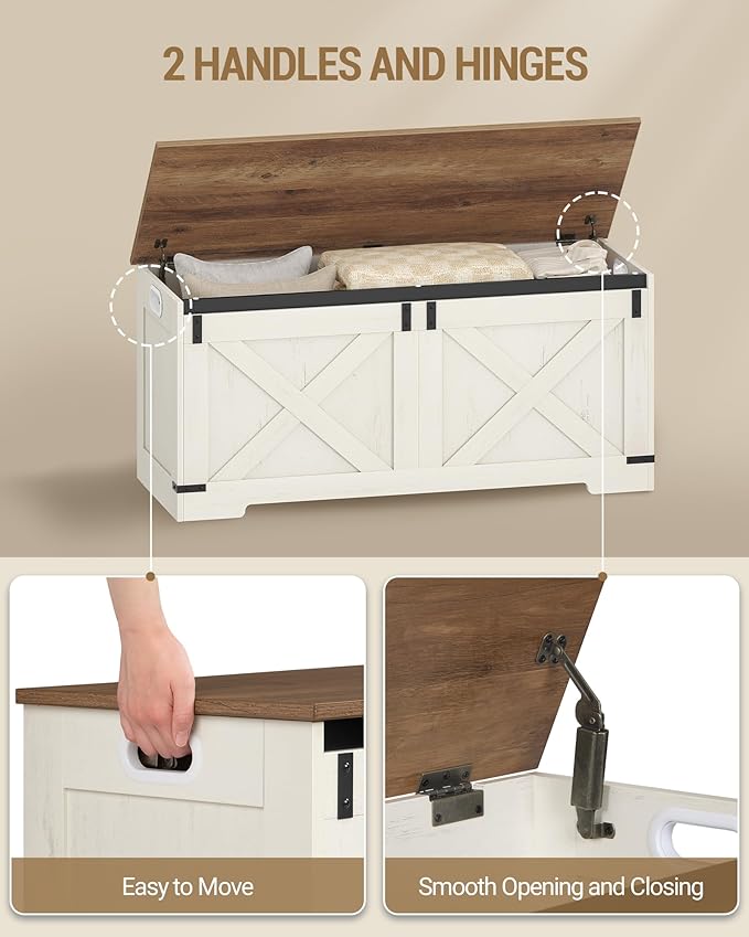 42.9" Storage Chest, Large Storage Trunk with 2 Hinges, Farmhouse Wooden Box Bench, Lift-Top Organizer Chest, Entryway Trunk for Bedroom, Living Room, White and Brown SB10914X